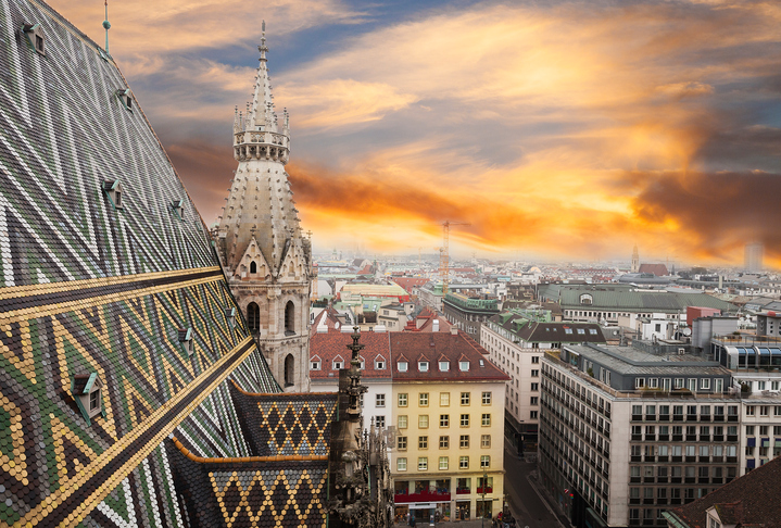 View of Vienna at sunset from Stephansdom- St. Stephen Cathedral in Vienna, Austria