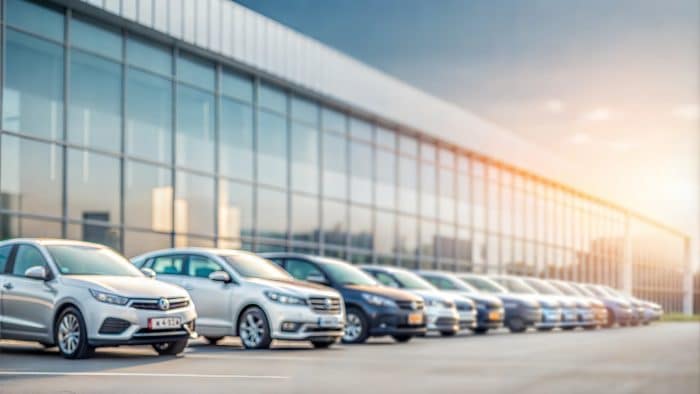Line of cars in front of a dealership